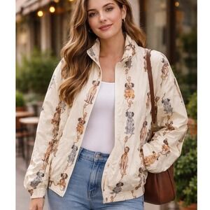 Vintage 90s CoAco $195 XL Ivory Allover Dog Print Silk Quilted Bomber Jacket